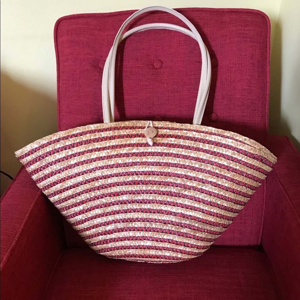 Red and Natural Striped Straw Tote